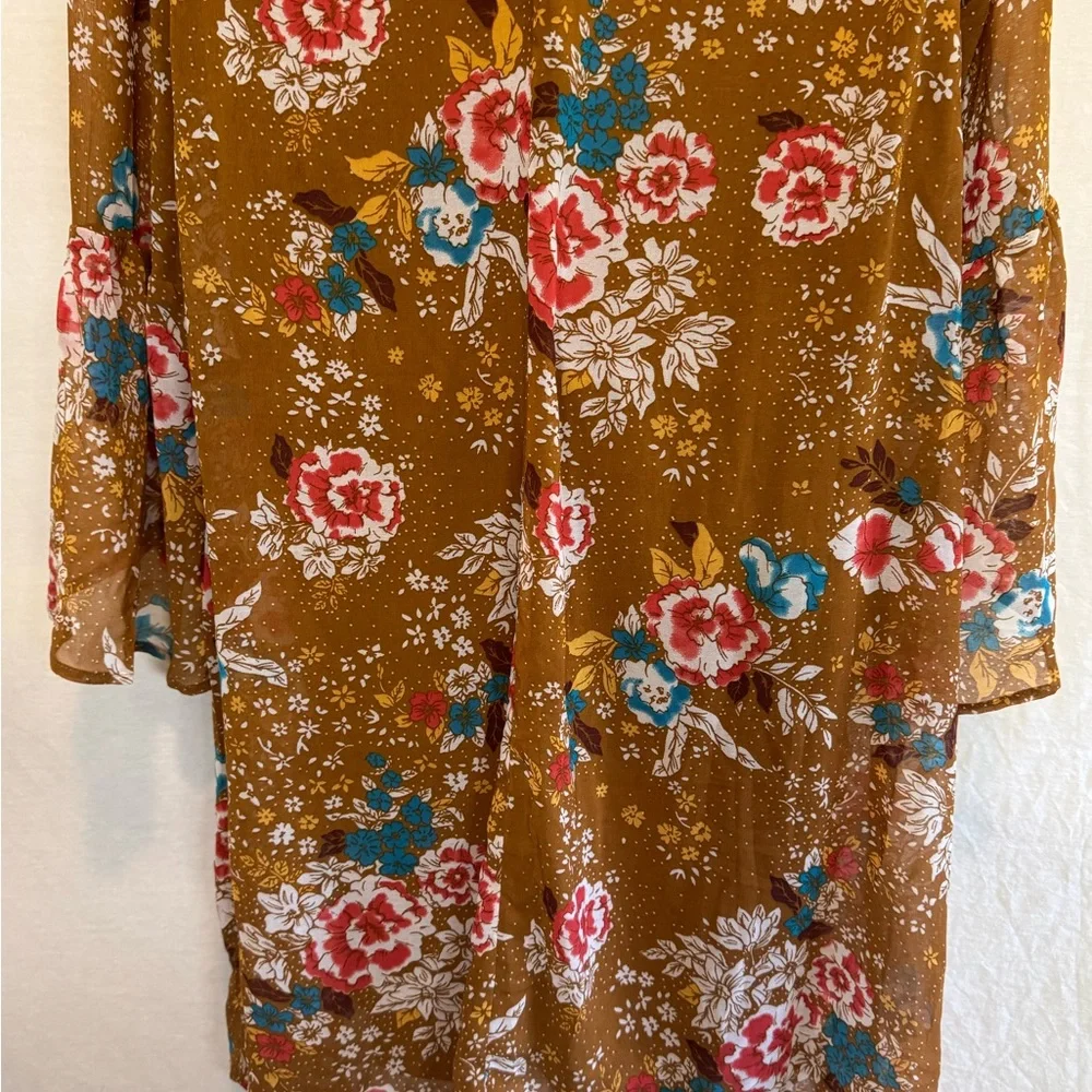 E-187 Charlotte Russe PLUS SIZE 1X Tan Red & Teal Long Bell Sleeve MIDI Dress - Picture 8 of 14